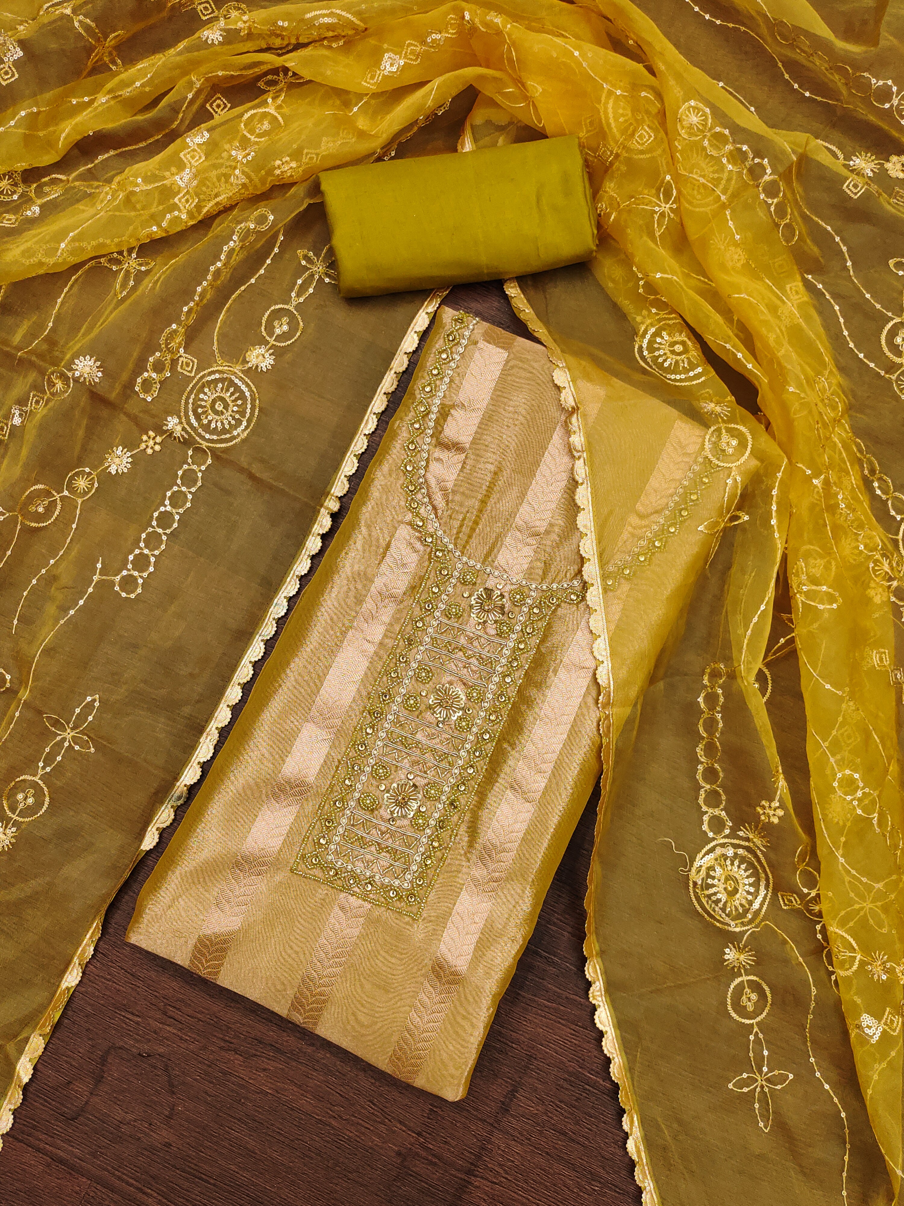yellow gold organza unstitched suit