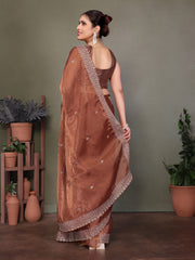 zari work designer brown silk saree